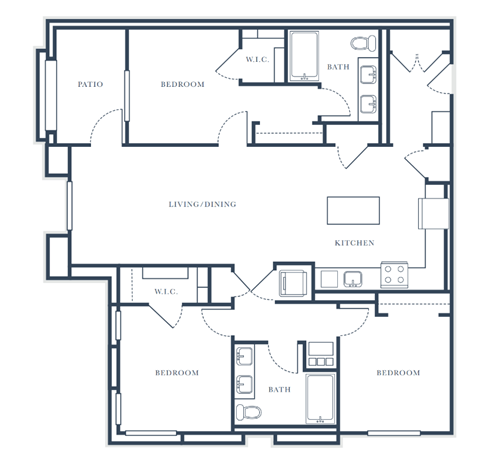 A black and white image of a house floor plan with a living/dining area, kitchen, and three bedrooms.
